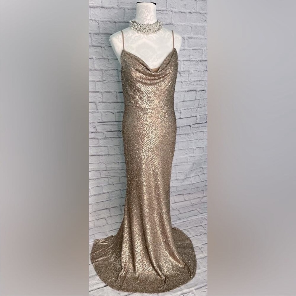 PRICE DROP! Christina Wu Spaghetti strap front cowl neck sequin gown new size 10